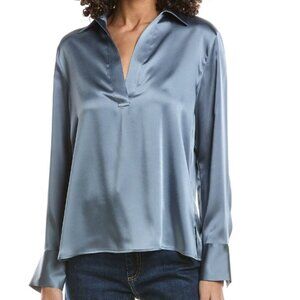 Vince. Satin Long Sleeve Popover Polo Blouse in Lake w/ johnny collar MED BNWT